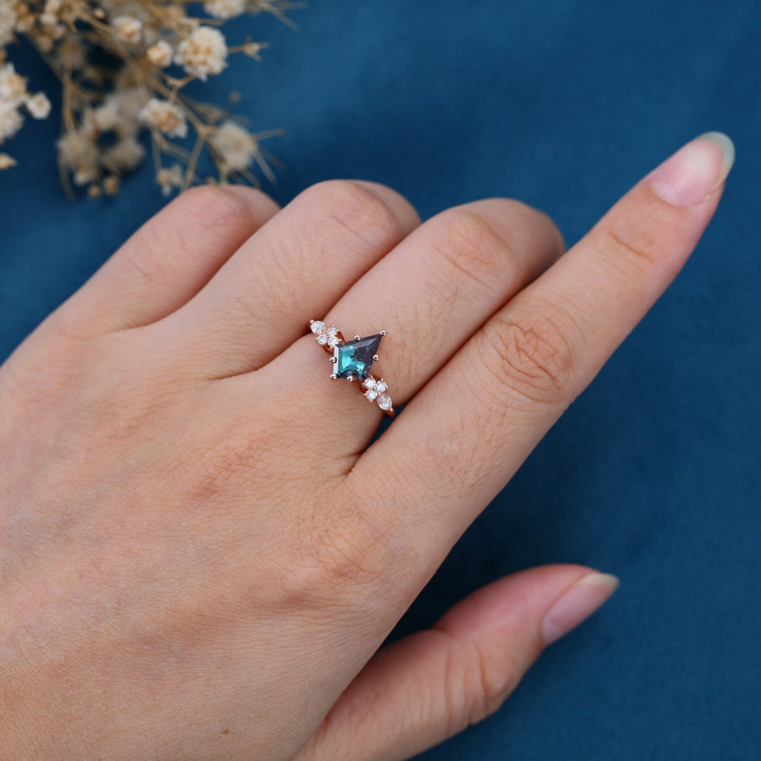 Kite cut Lab Alexandrite Solid Gold Engagement Ring
