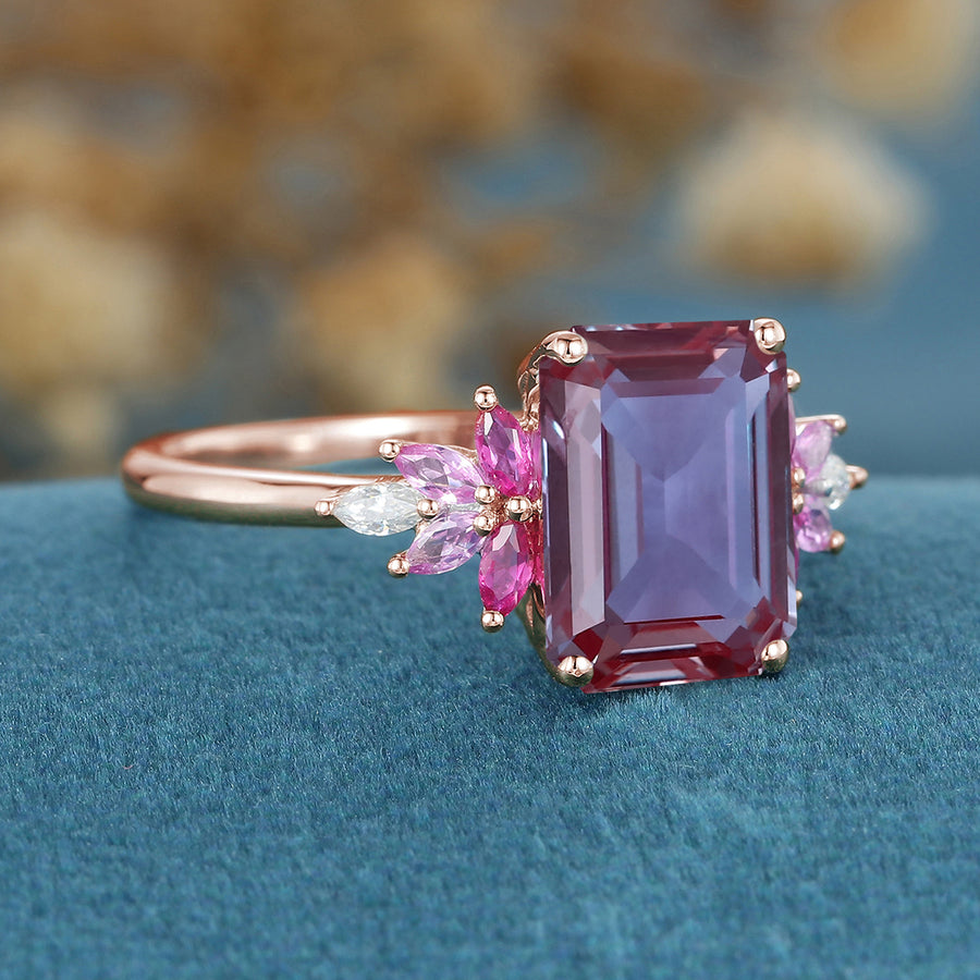 Radiant Cut lab Alexandrite  Cluster Engagement Ring 