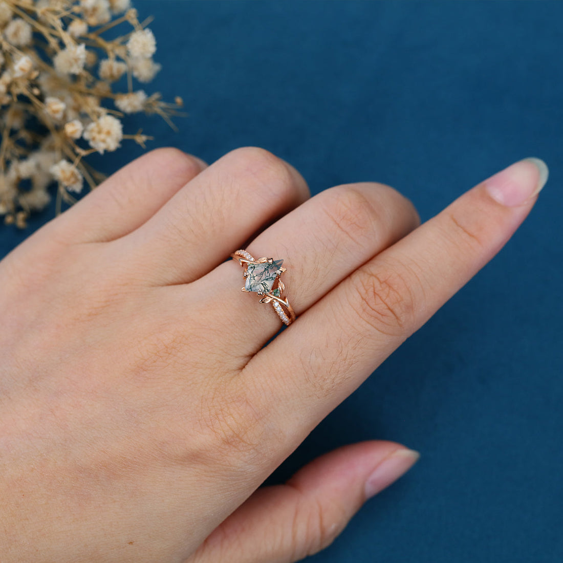 Nature Inspired Kite cut Moss Agate Gold Engagement Ring
