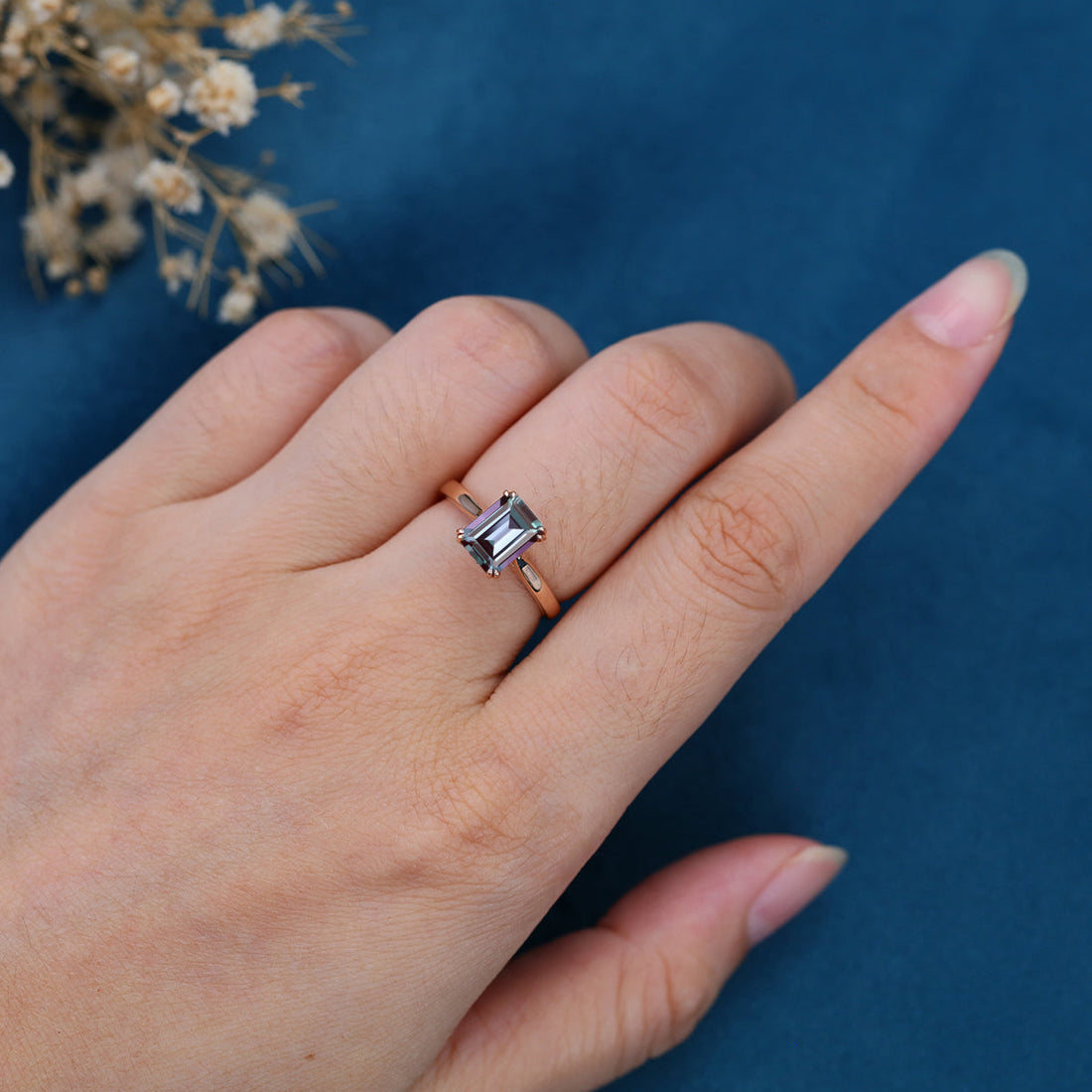Emerald cut Lab Alexandrite Solid Gold Engagement Ring