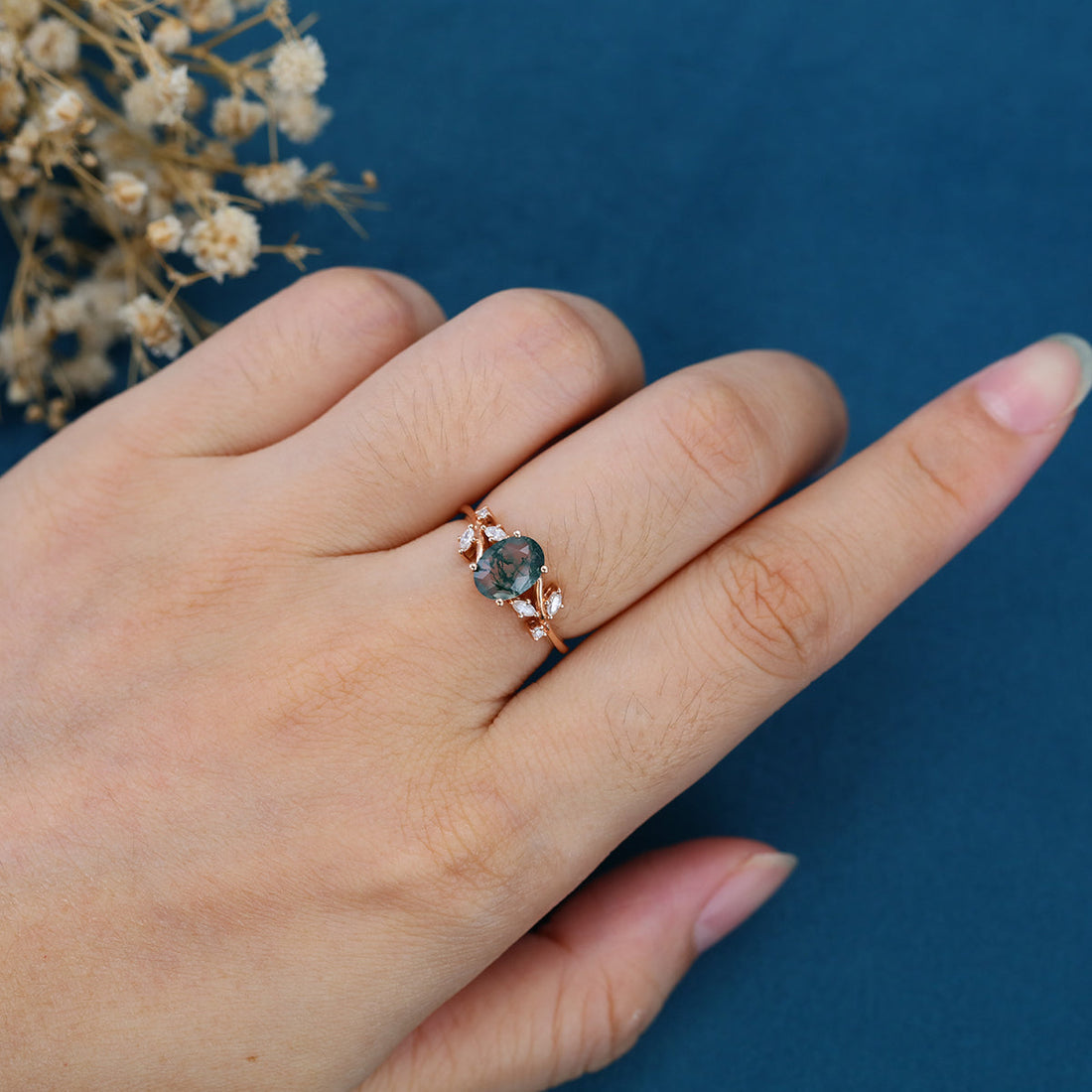 Oval cut Moss Agate + Diamonds Solid Gold Engagement Ring