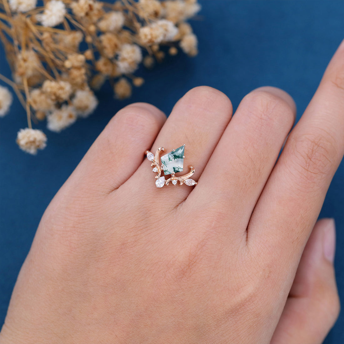 Kite Cut Natural Green Moss Agate Cluster Engagement Ring