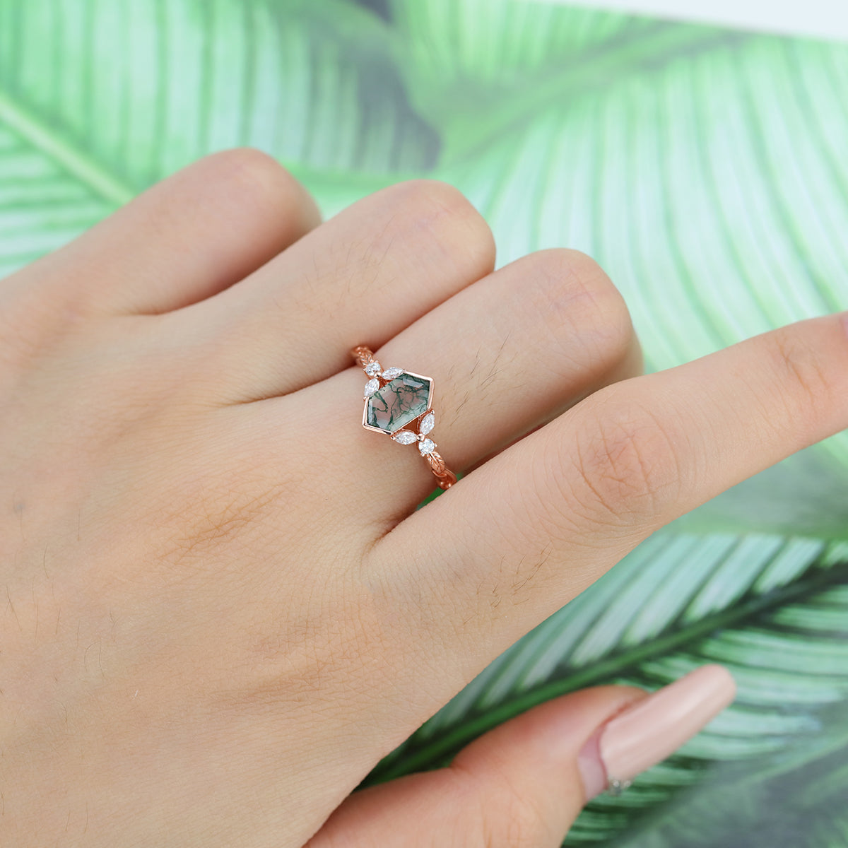 Long Hexagon cut Moss Agate Damonds Leaf Gold Engagement Ring
