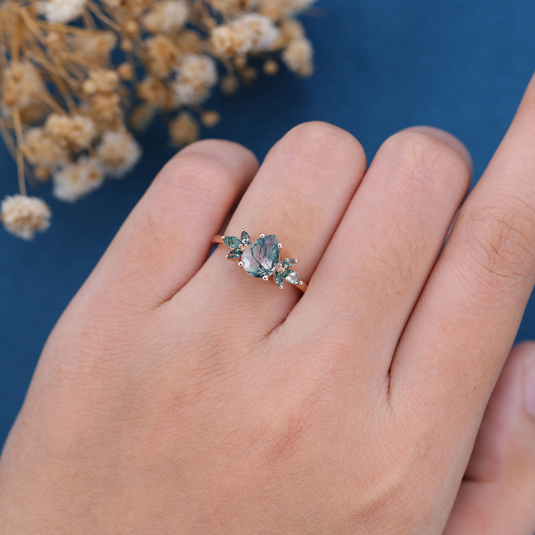 Natural Green Moss Agate pear cut cluster Engagement Ring