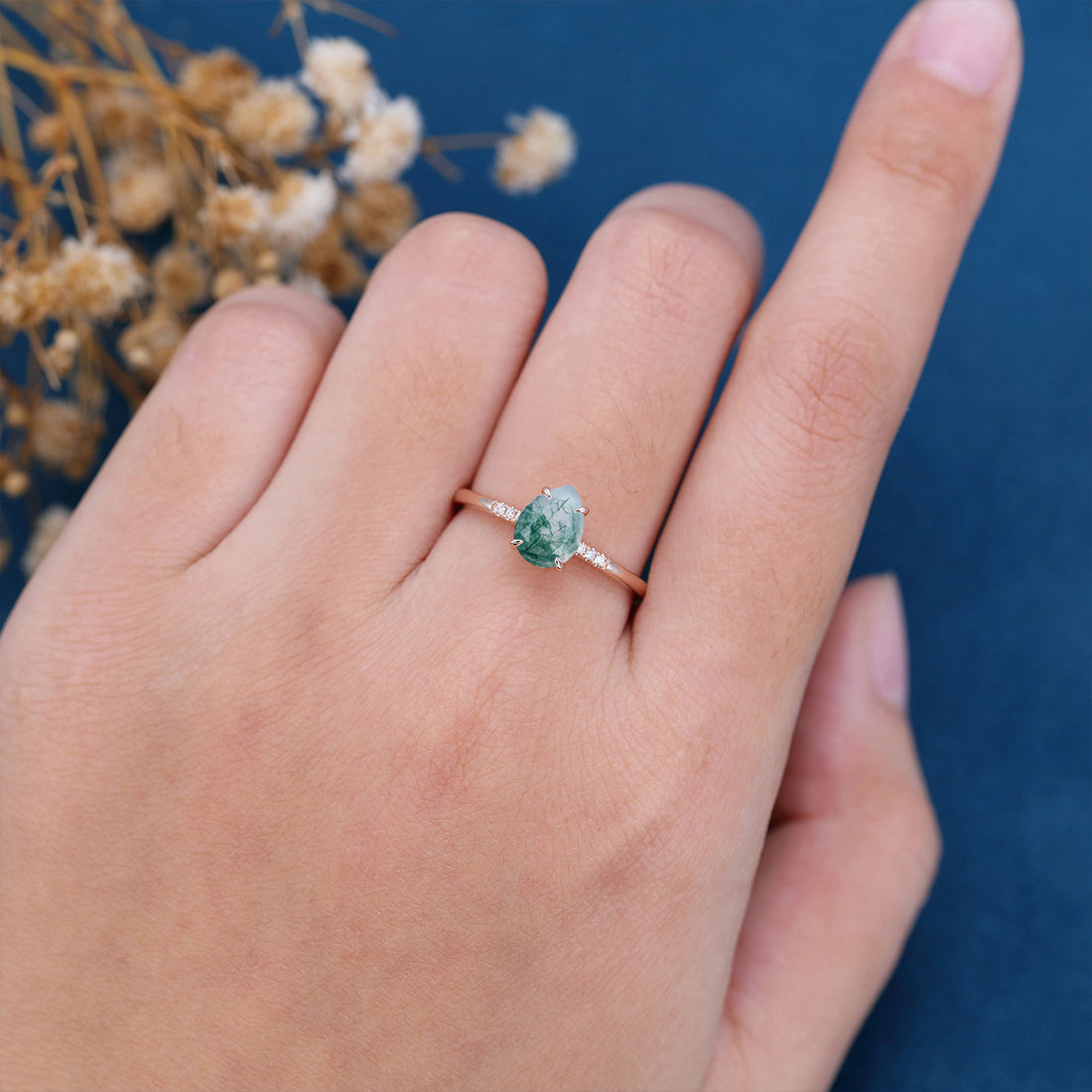 Natural Green Moss Agate pear cut cluster Engagement Ring 