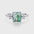 Natural Green Moss Agate Emerald cut cluster Engagement Ring
