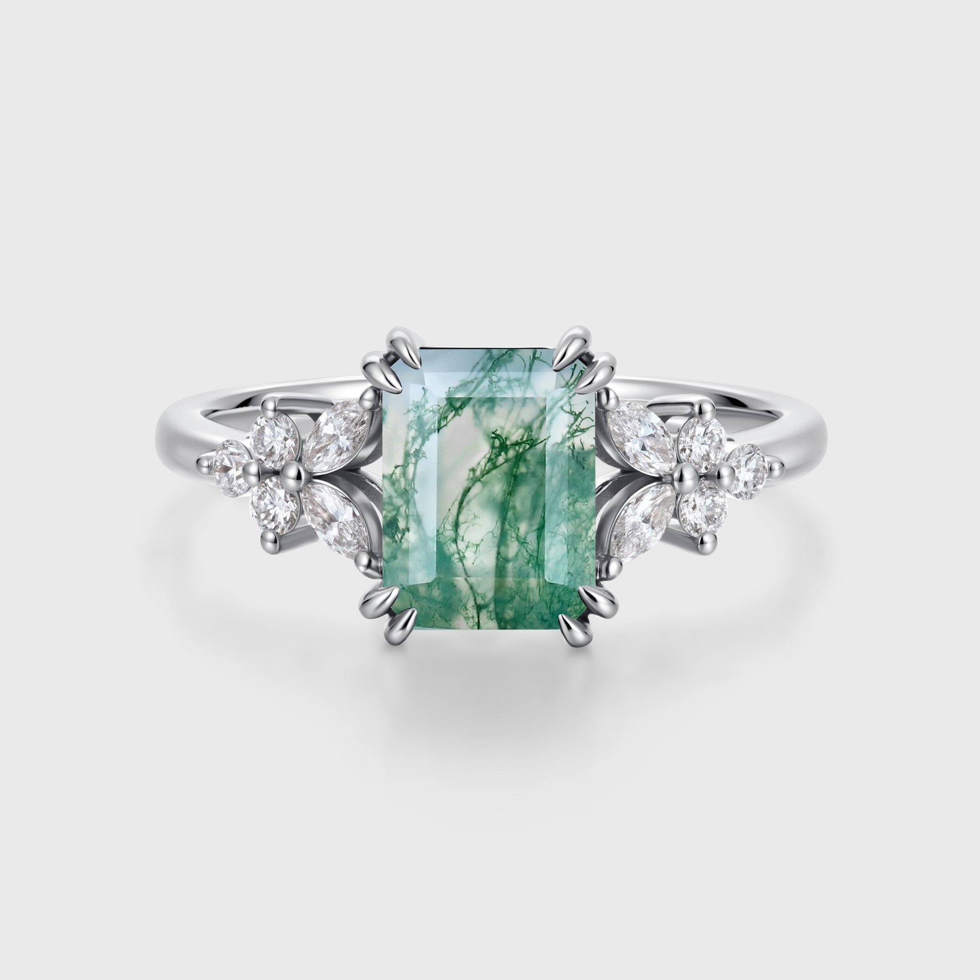 Natural Green Moss Agate Emerald cut cluster Engagement Ring