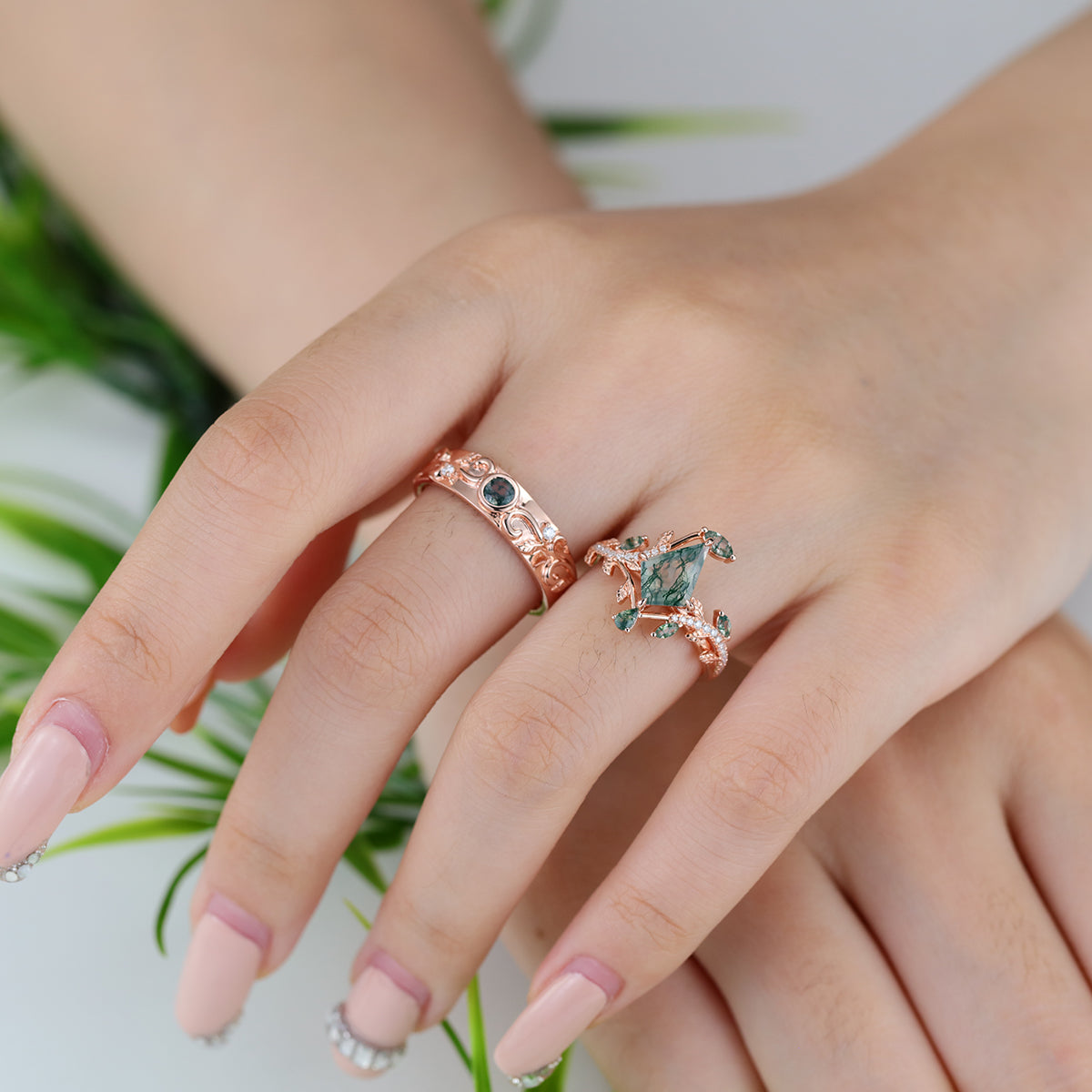 Forever Glow Moss Agate Couple Rings | Rose Gold Leaf Wedding Bridal Set