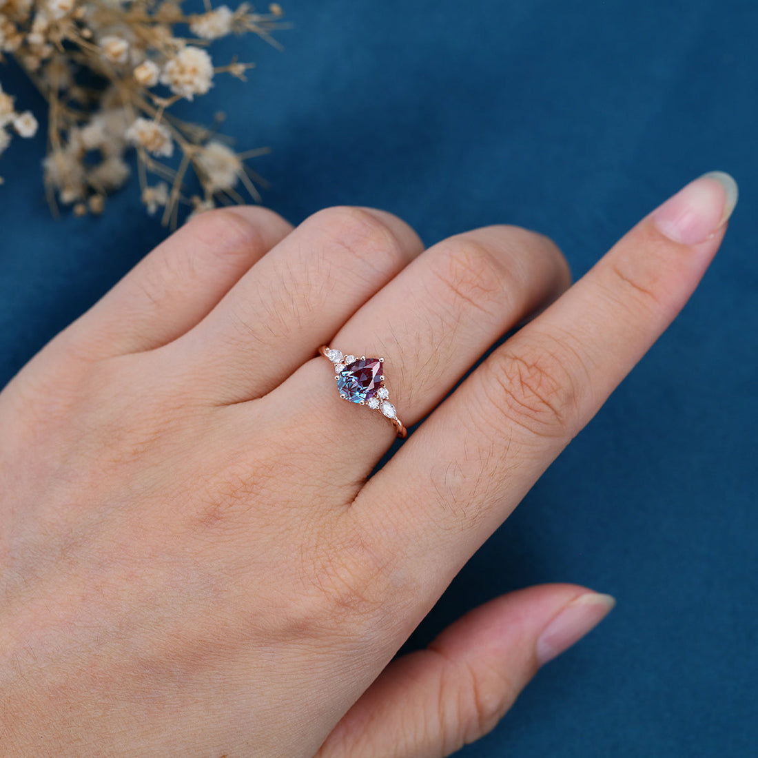 Pear cut  Lab Alexandrite Solid Gold Engagement Ring