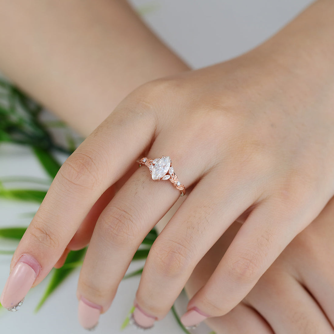 Nature Inspired Marquise cut Moissanite Leaf Gold Engagement Ring