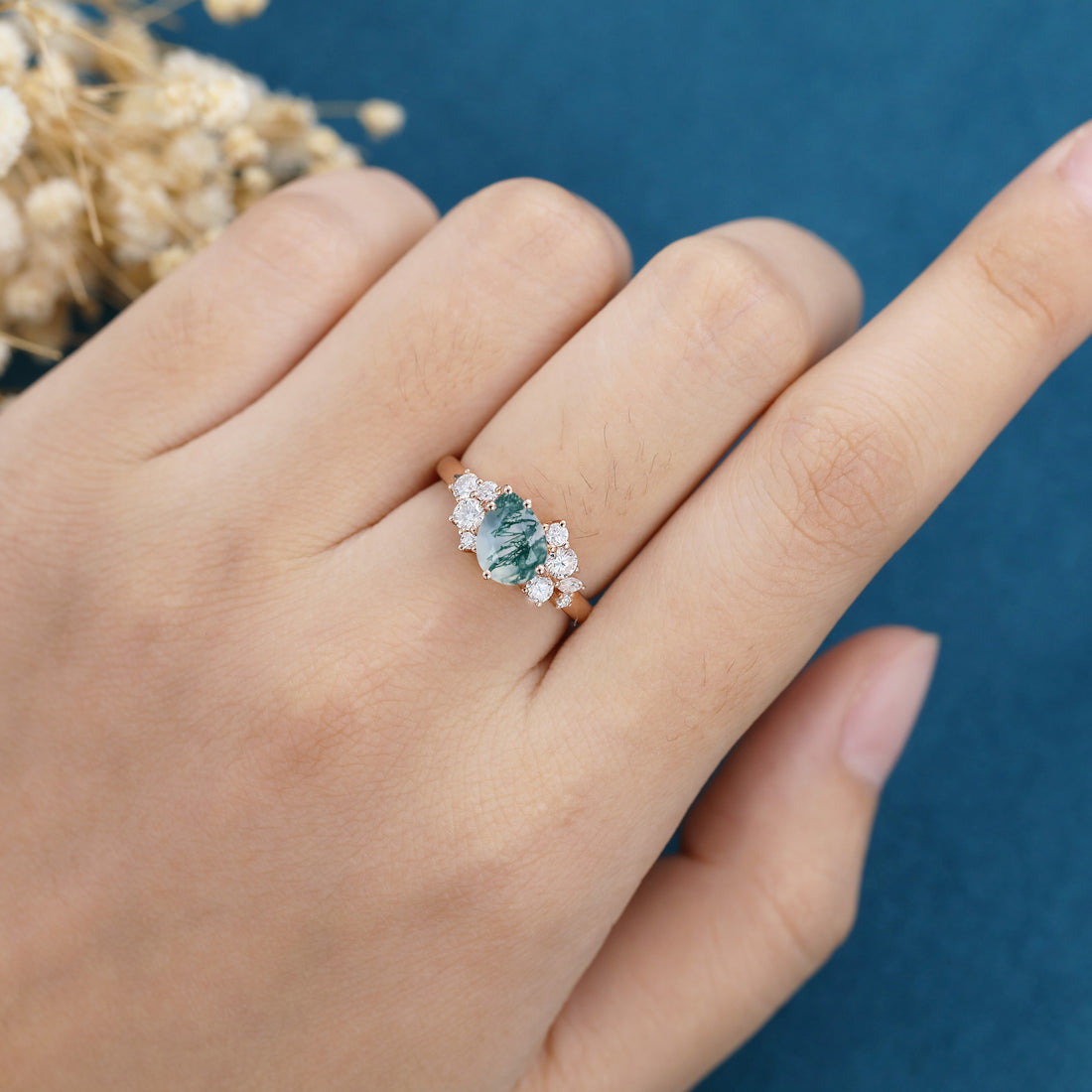 Pear Cut Natural Green Moss Agate Cluster Engagement Ring