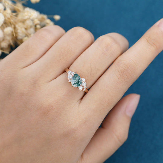 Pear Cut Natural Green Moss Agate Cluster Engagement Ring 