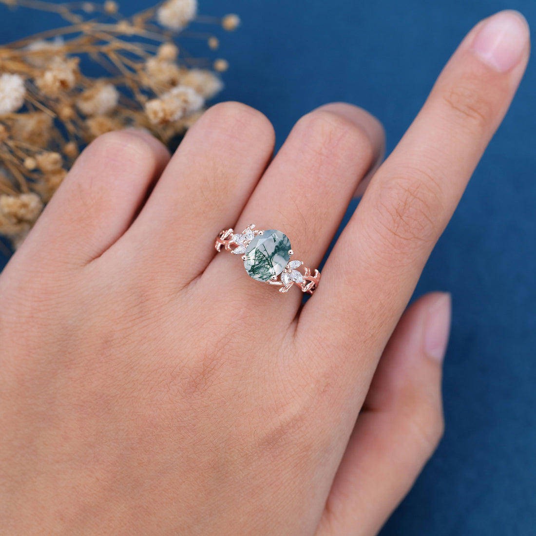 Natural Moss Agate Oval cut cluster Engagement Ring