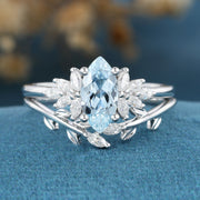 Marquise cut Aquamarine Cluste Engagement ring Bridal Set