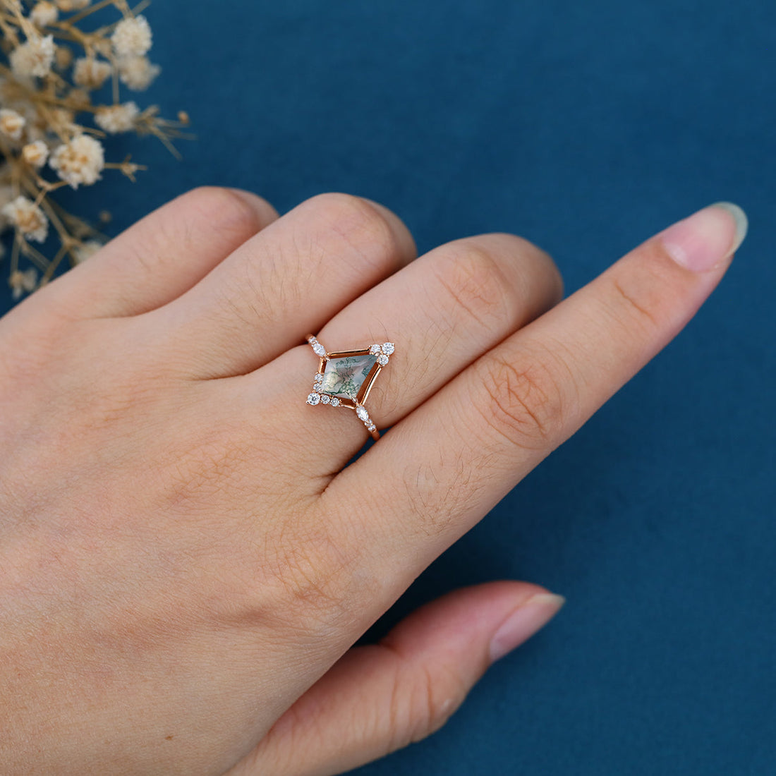 Kite cut Moss Agate Gold Engagement Ring
