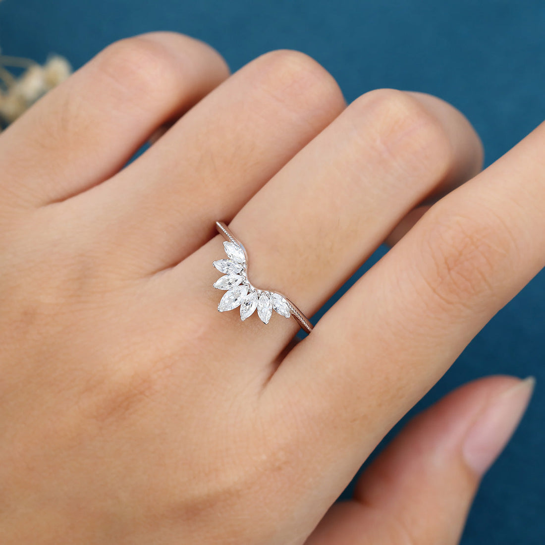 Marquise cut Moissanite Curved Wedding Band