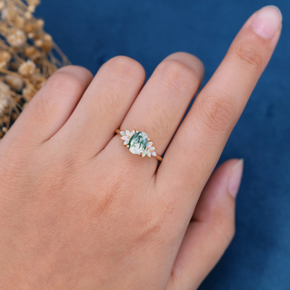 Oval Cut Natural Green Moss Agate Cluster Engagement Ring