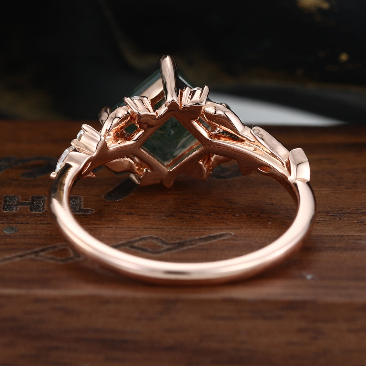 Nature Inspired Princess cut Moss Agate Damonds Leaf Gold Engagement Ring