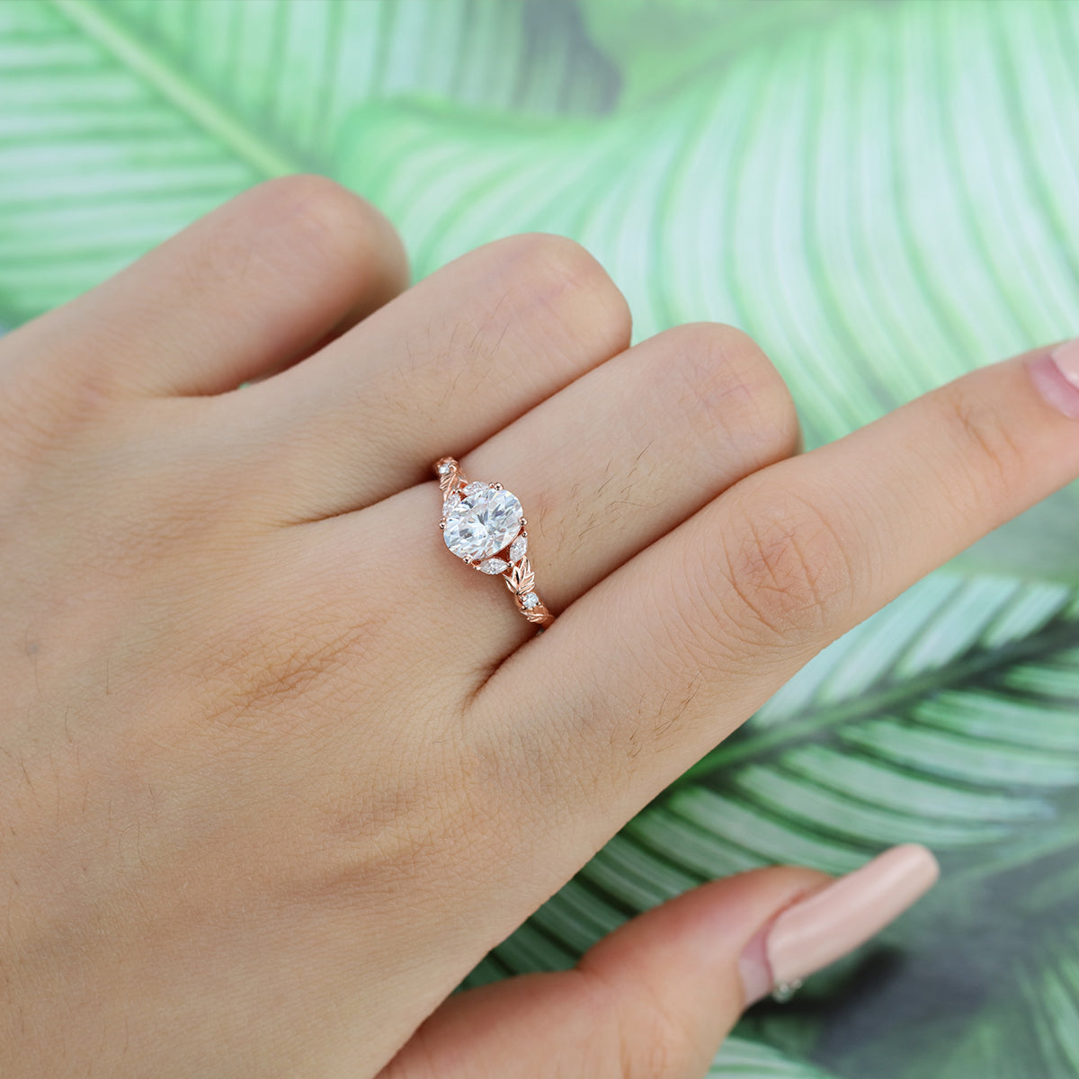 Nature Inspired Oval cut Moissanite Leaf Gold Engagement Ring