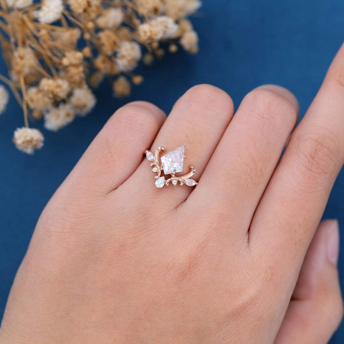 Kite Cut Moissanite Rose Gold Engagement Ring