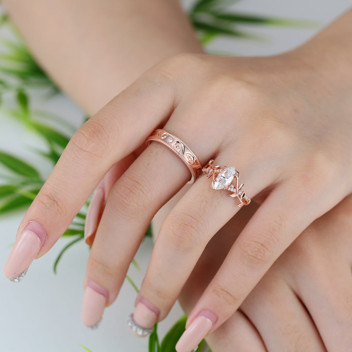 Nature Inspired Moissanite Couple Rings | D Color VVS1 | Rose Gold Leaf Wedding Bridal Set
