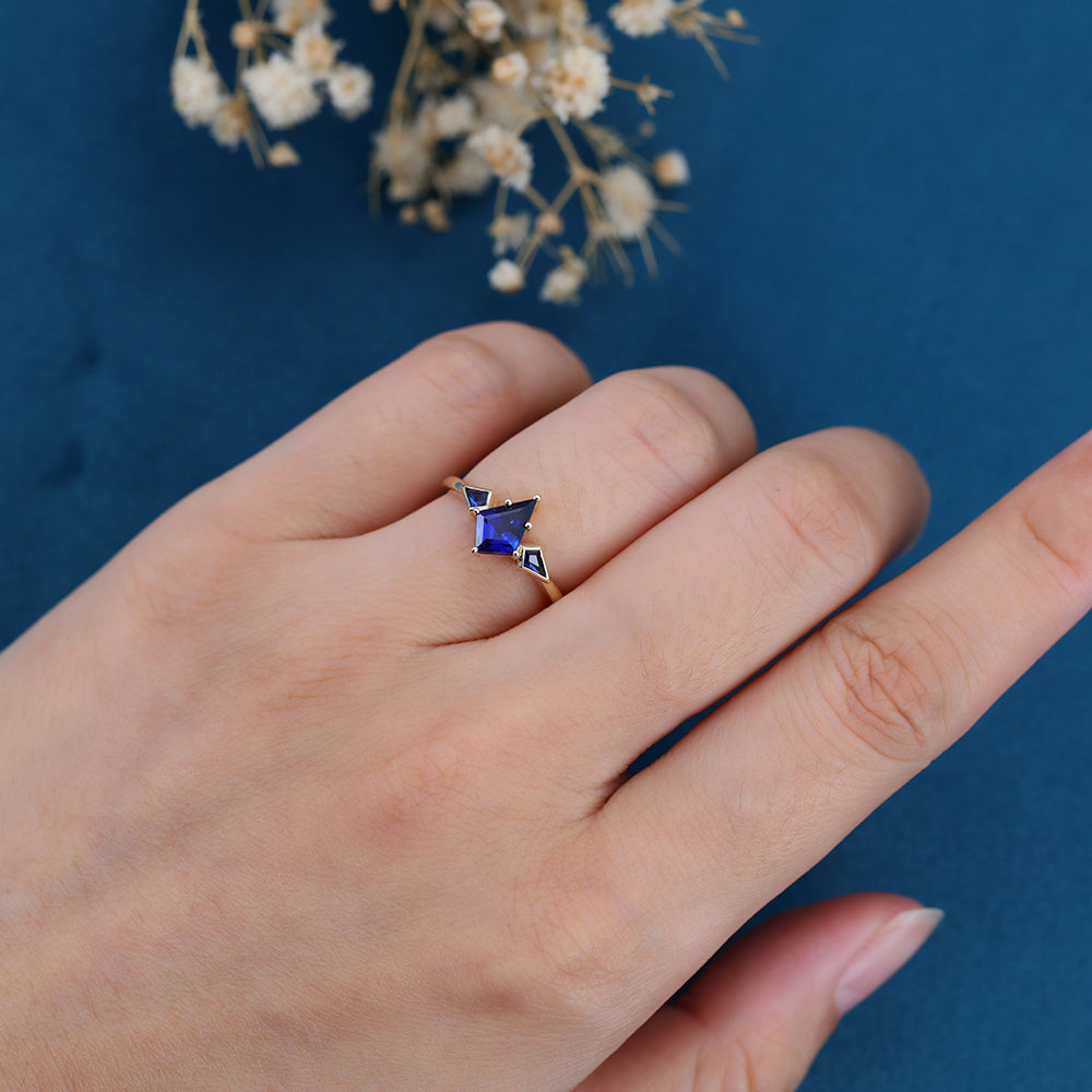 Kite Cut Lab Sapphire Yellow Gold Engagement Ring