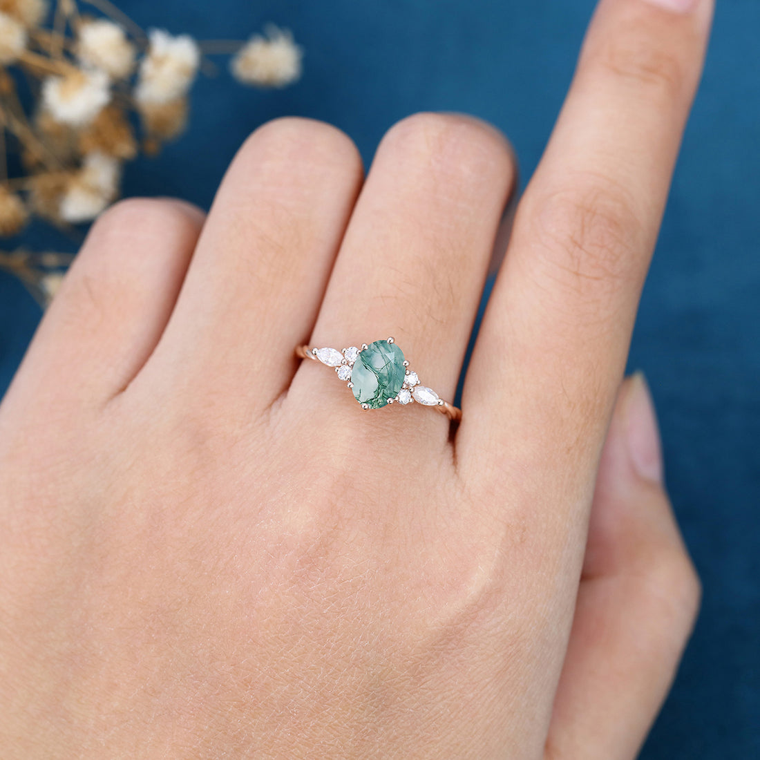 Natural Green Moss Agate Oval cut cluster Engagement Ring