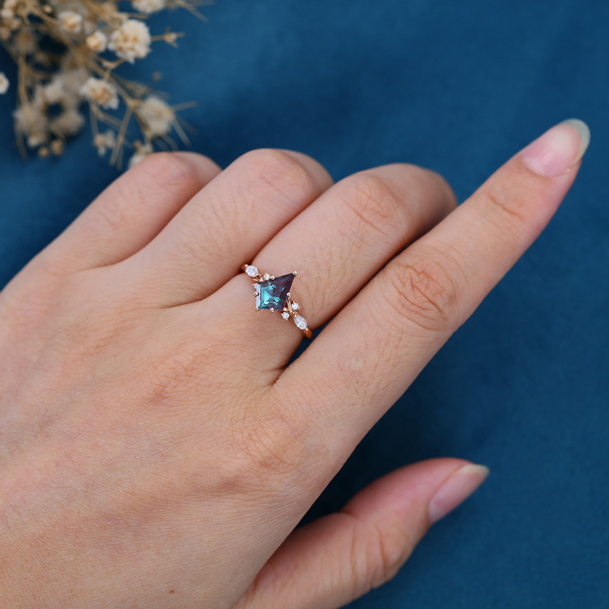 Kite cut Lab Alexandrite Solid Gold Engagement Ring