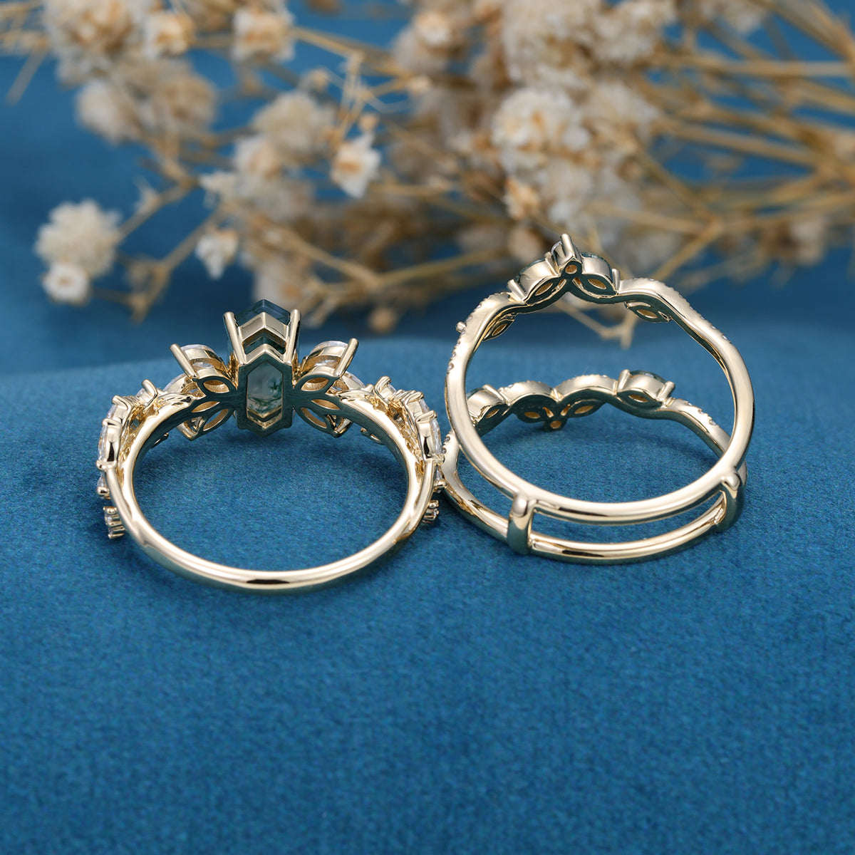 Long Hexagon cut Moss Agate Gold Wedding Bridal Set