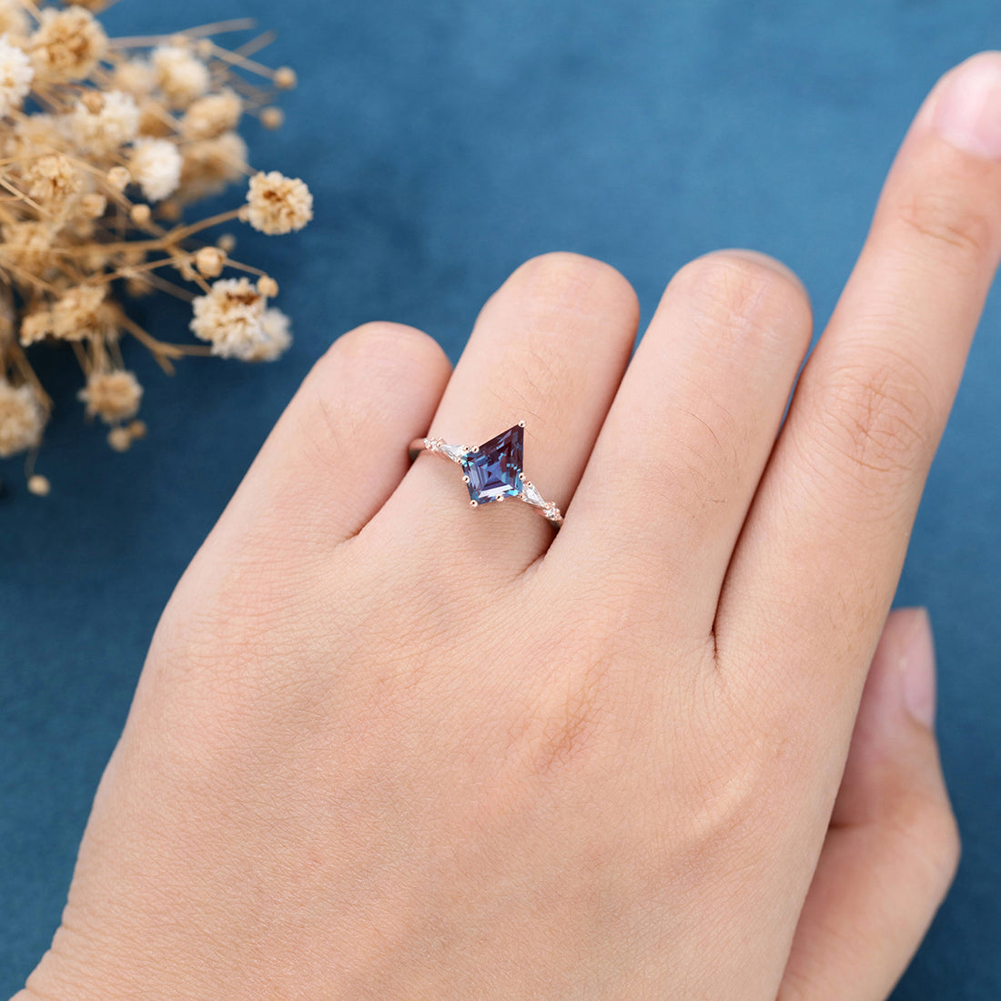 Kite Cut Lab Alexandrite Engagement Ring