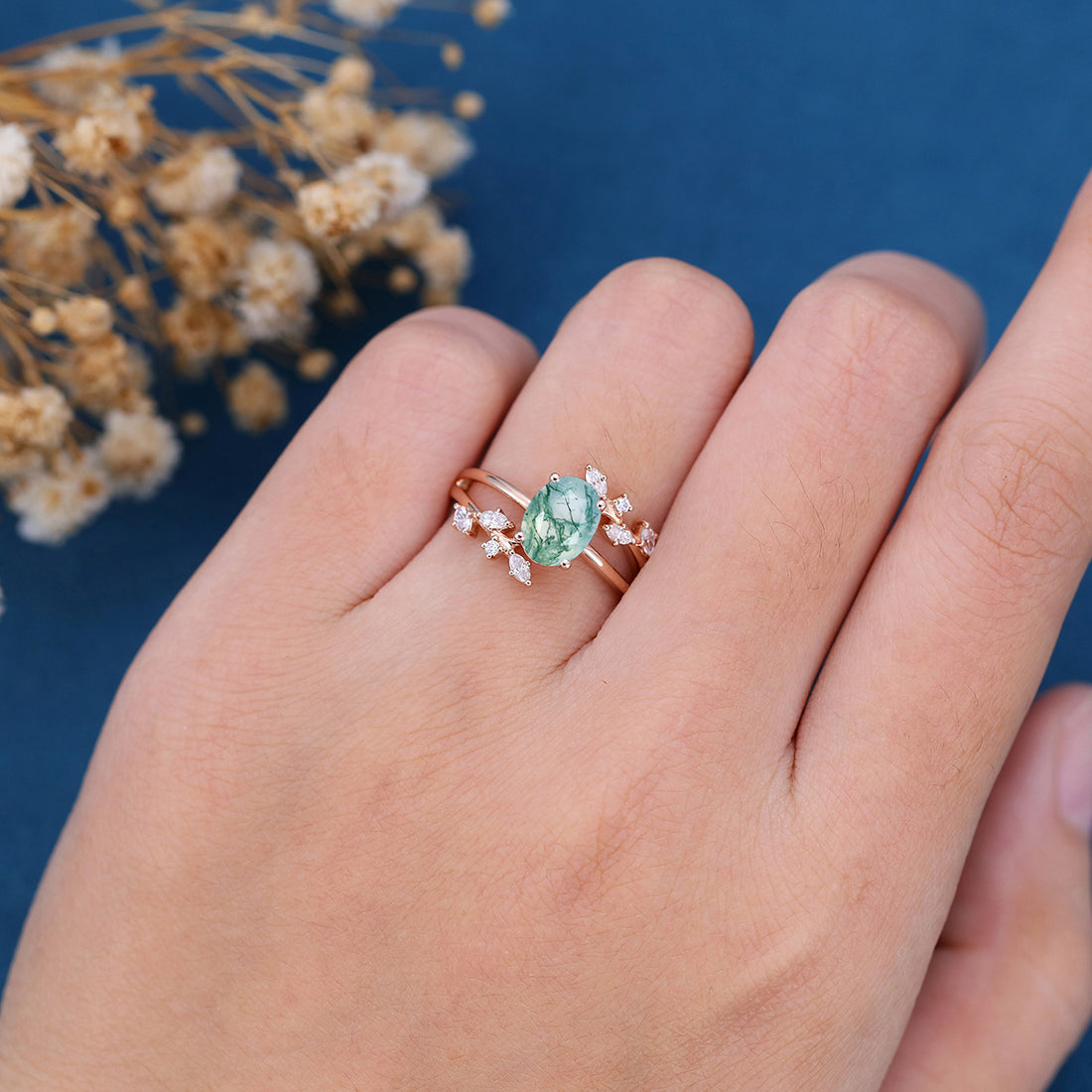 Natural Green Moss Agate Oval cut cluster Engagement Ring