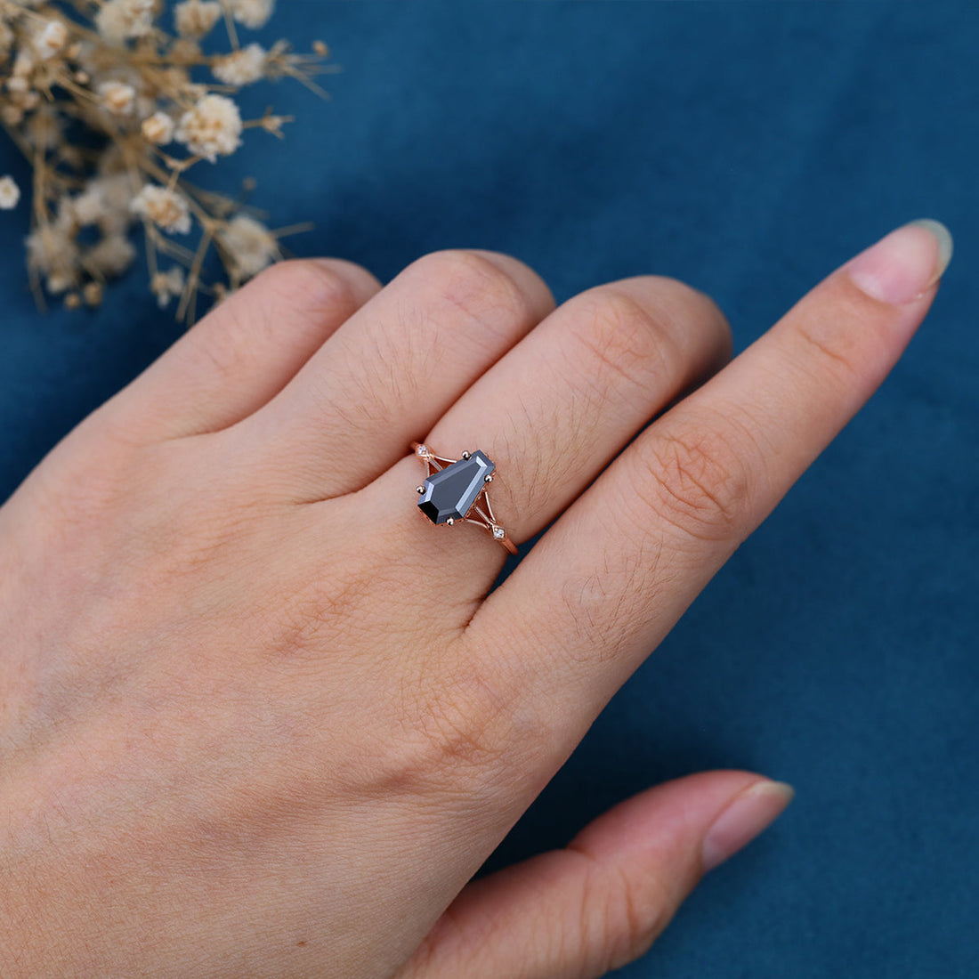 Coffin cut Black Onyx Solid Gold Engagement Ring