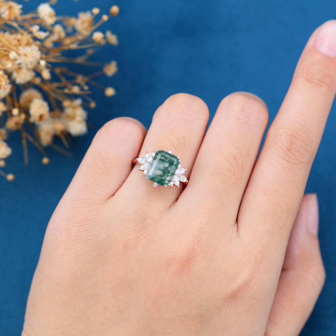 Emerald Cut Natural Green Moss Agate Cluster Engagement Ring