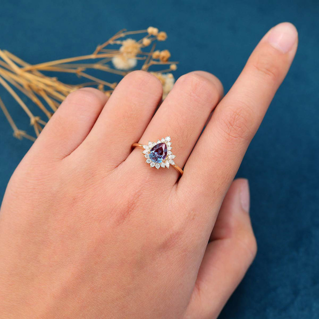 Pear cut Lab Alexandrite | Diamond Engagement ring