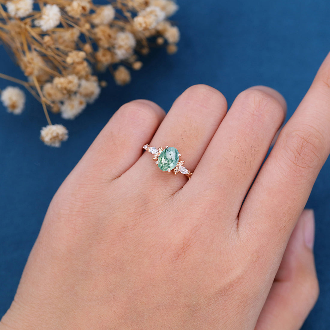 Natural Green Moss Agate Oval cut cluster Engagement Ring