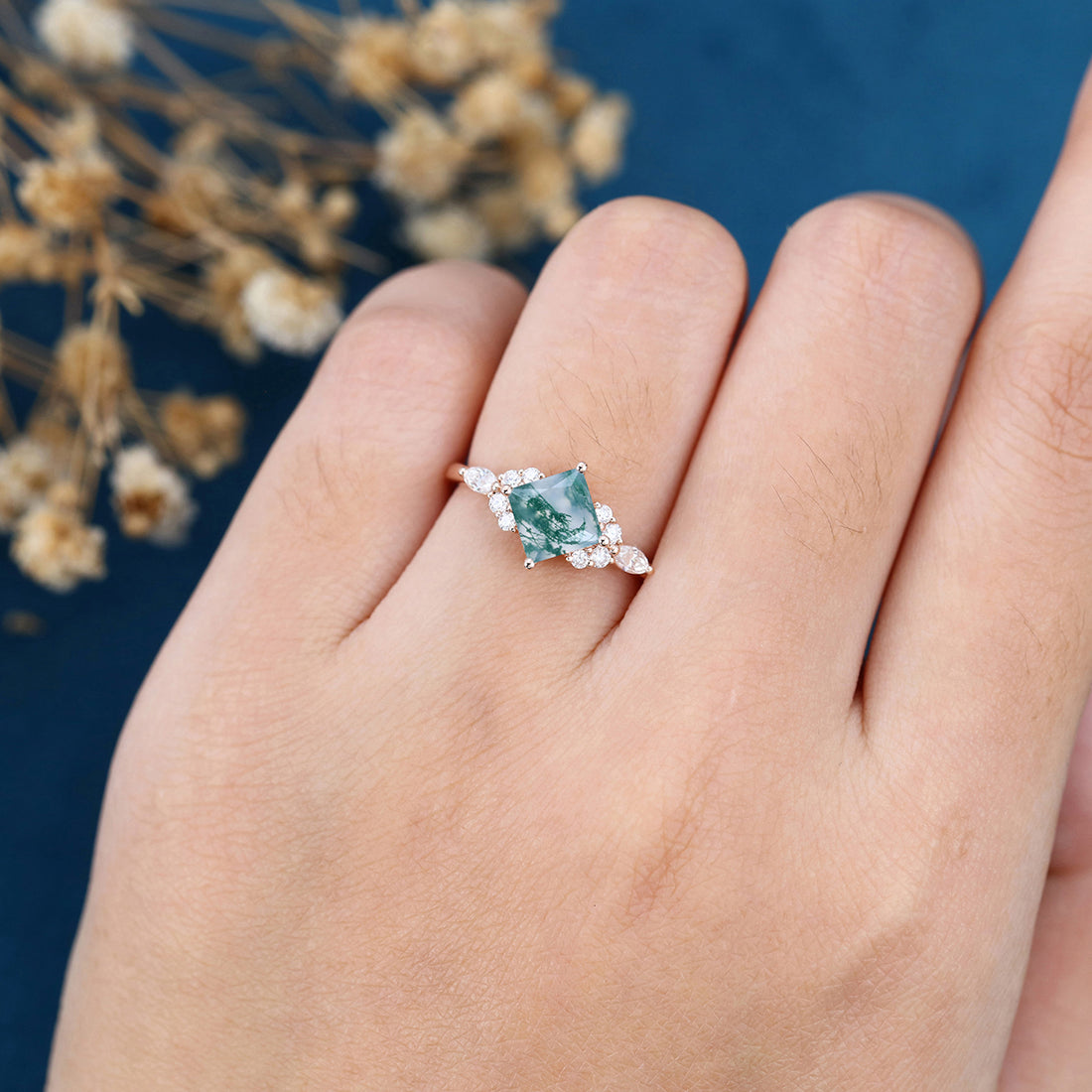 Natural Green Moss Agate Princess cut cluster Engagement Ring