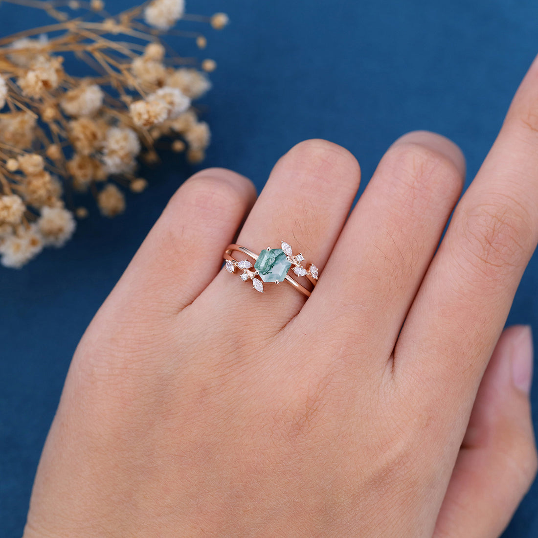 Natural Moss Agate Hexagon Cut Cluster Engagement rings