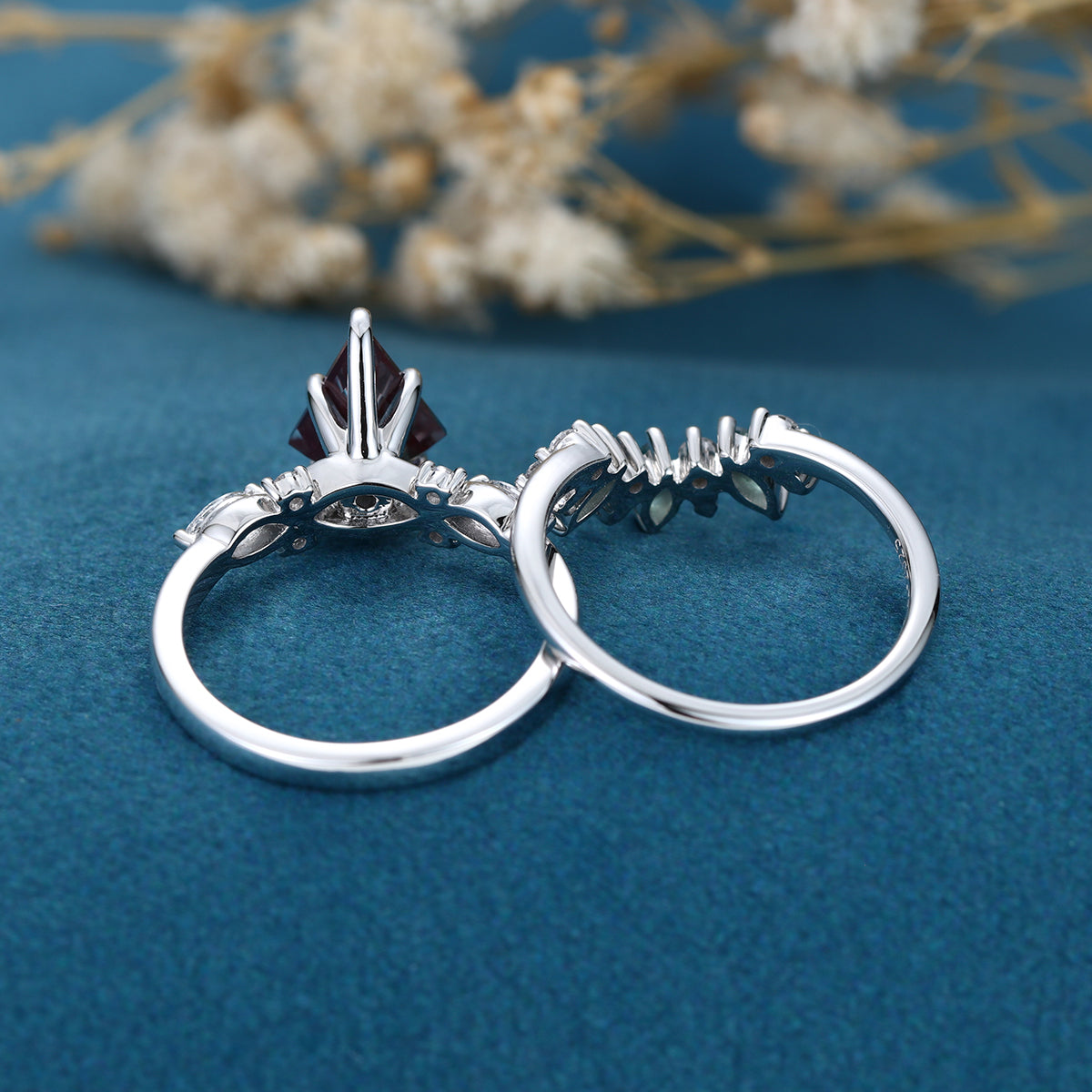 1.3 Carat Kite Cut Lab Alexandrite Wedding bridal set