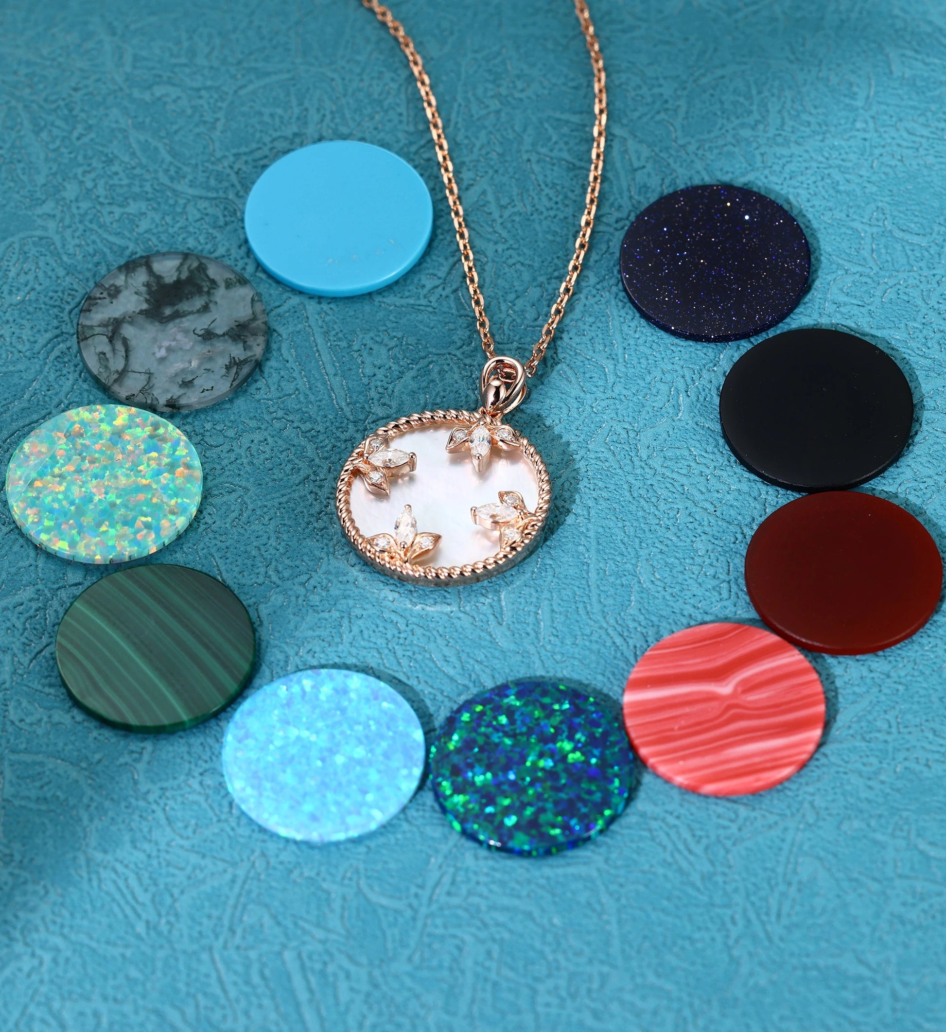 Round cut Mother of Pearl Pendant Necklace with Diamonds Halo Accents