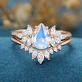 2PCS Pear Moonstone Engagement Ring Bridal Set