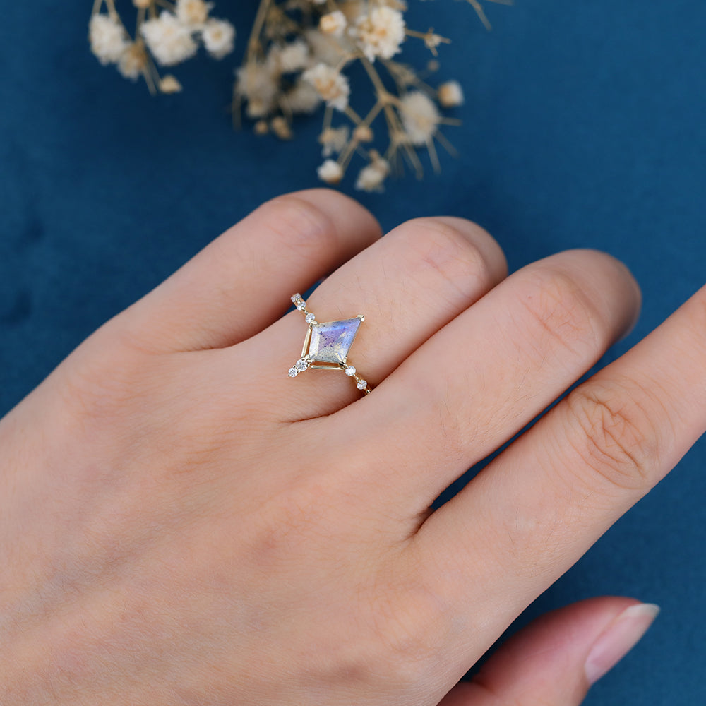 Kite Cut Labradorite Yellow Gold Engagement Ring