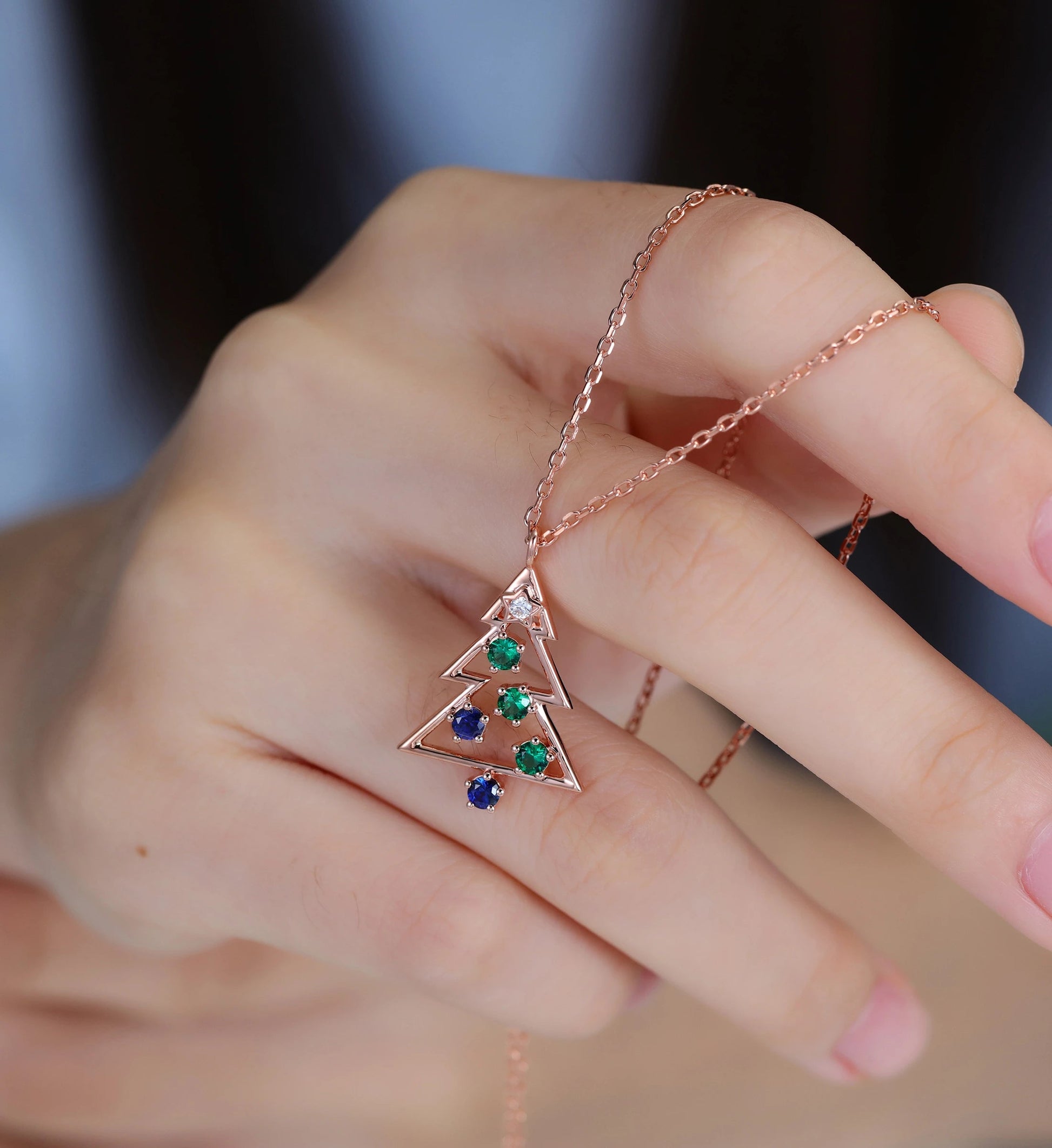 Christmas Tree Pendant Necklace with Moissanite| Lab Blue Sapphire  | Lab Emerald