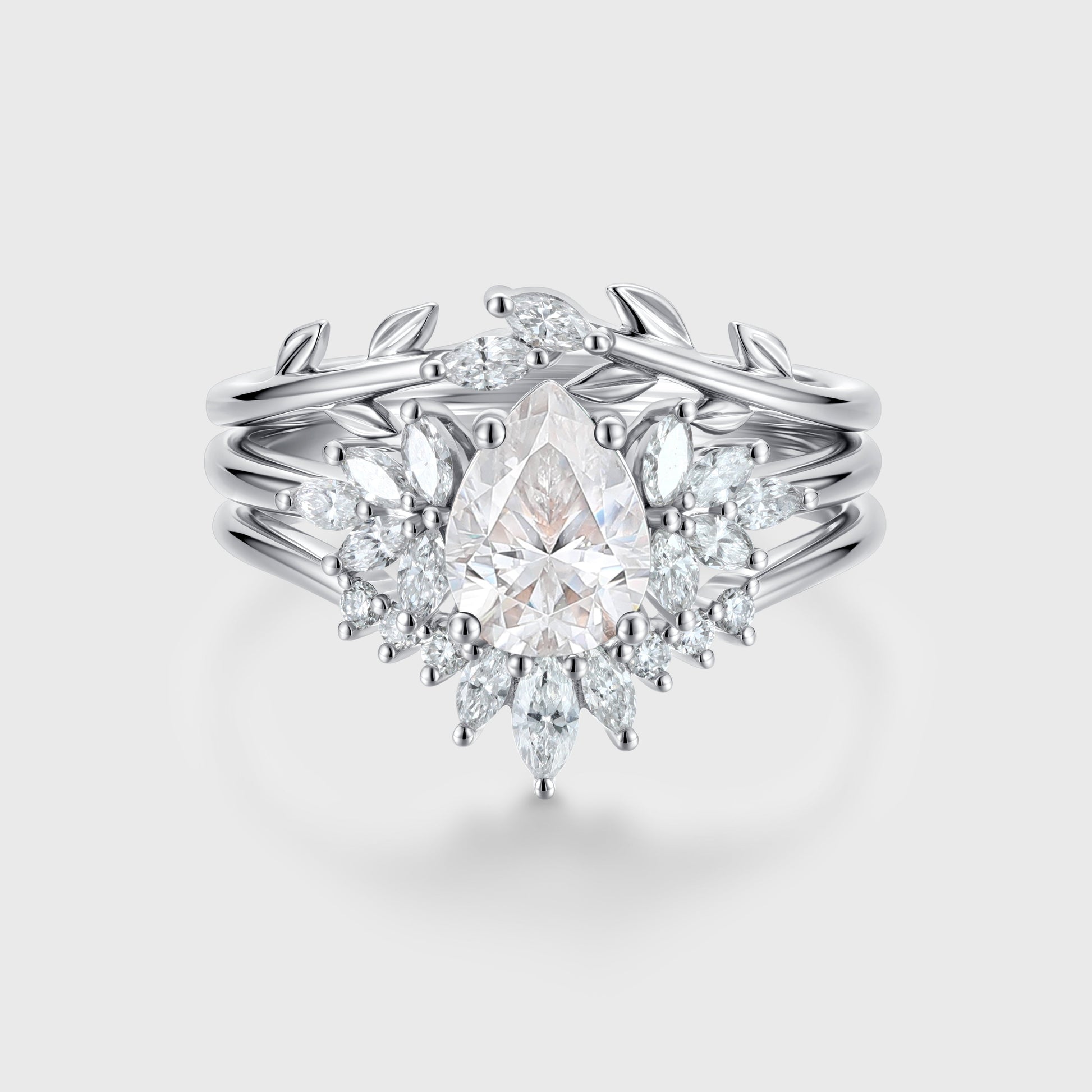 3PCS 1.2 Carat Pear Moissanite Cluster Engagement ring Bridal Set
