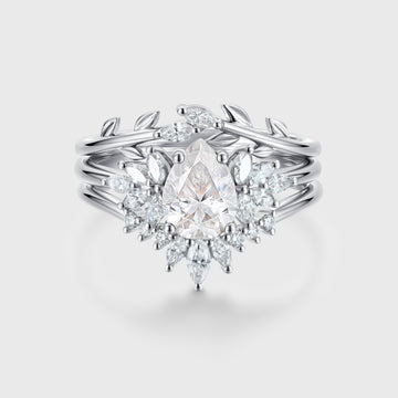 3PCS 1.2 Carat Pear Moissanite Cluster Engagement ring Bridal Set