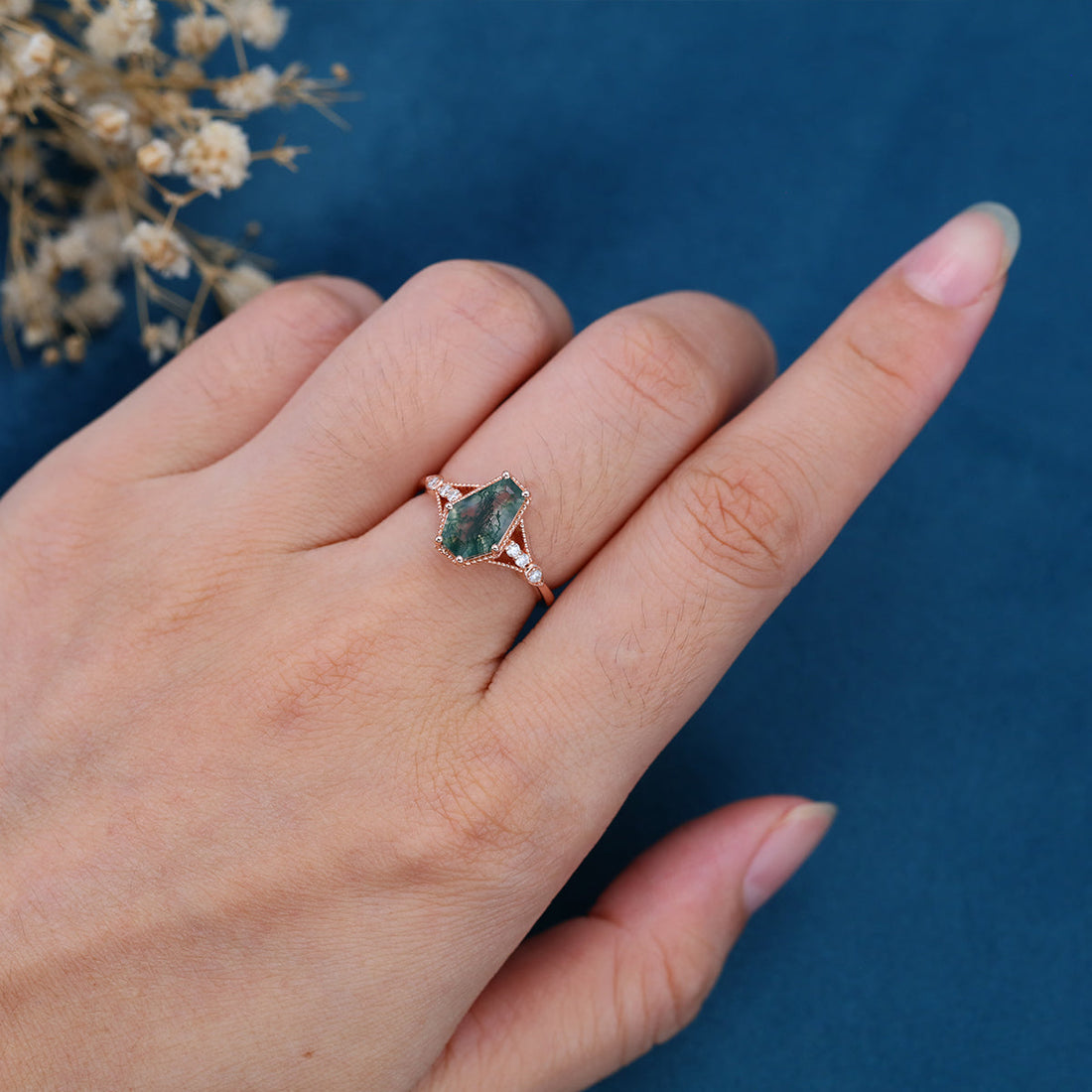 Coffin cut Moss Agate Solid Gold Engagement Ring