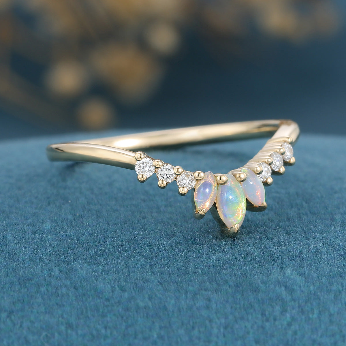 Marquise cut Opal  Round Moissanite | Diamond Curved Wedding Band Ring