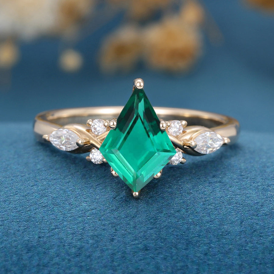 Kite Cut Lab Emerald Cluster Engagement Ring