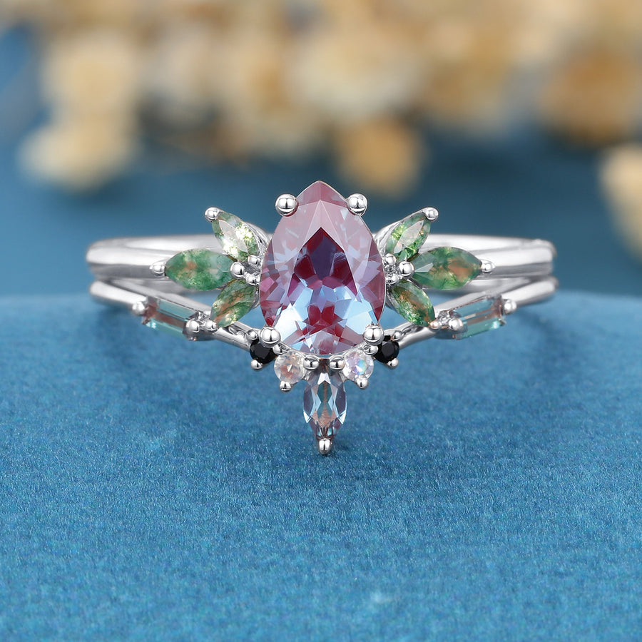 Pear cut Alexandrite Cluster Engagement Ring Set