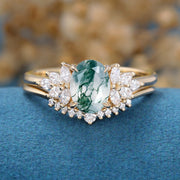 Natural Green Moss Agate Oval cut Cluster Engagement ring Bridal Sets