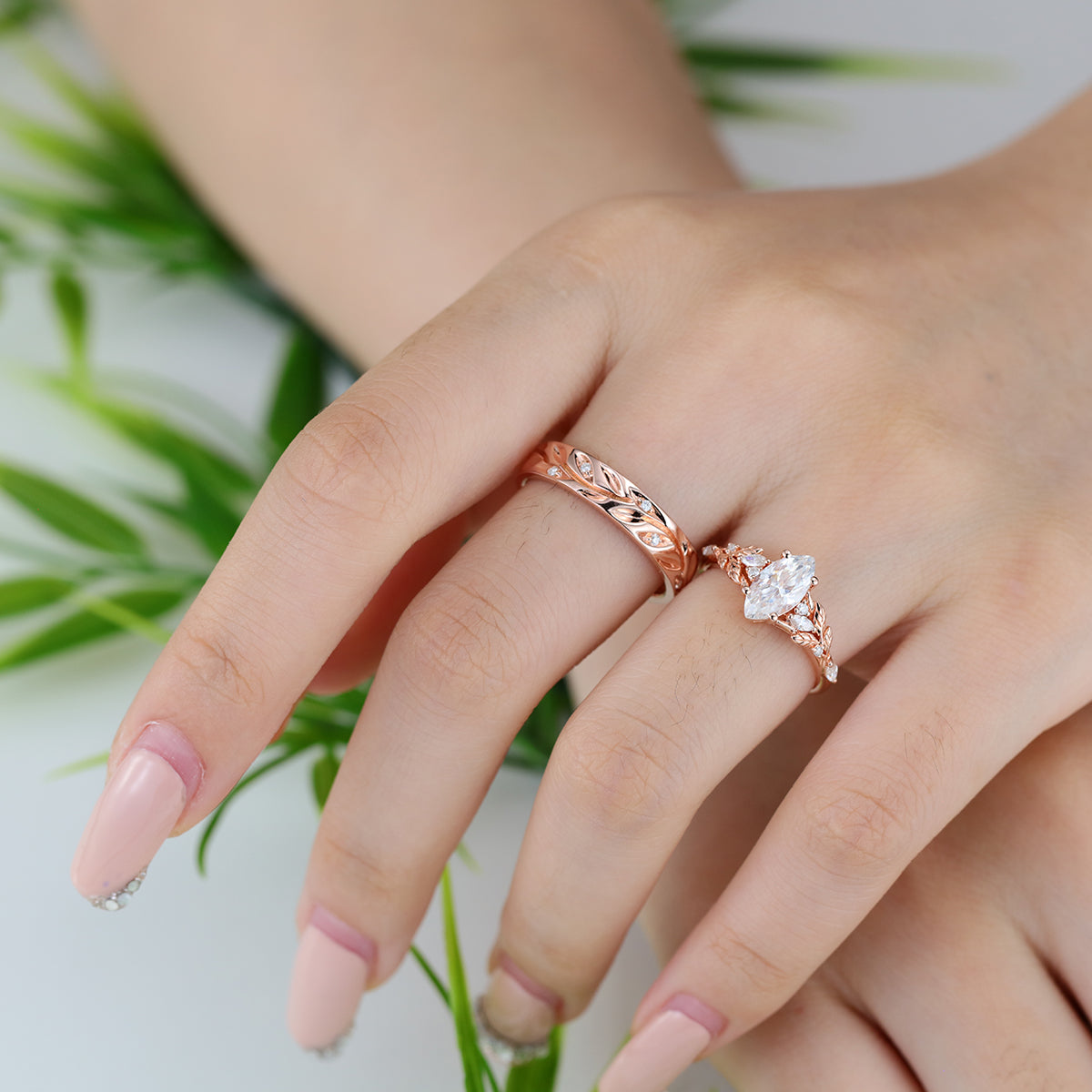 Marquise cut Moissanite Couple Rings | D Color VVS1 | Rose Gold Leaf Wedding Bridal Set
